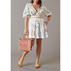 Anthropologie Deep V Neck Floral Embroidered Mini Dress White XL